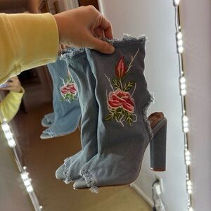 Embroidered Denim Open-Toe Heeled Boots